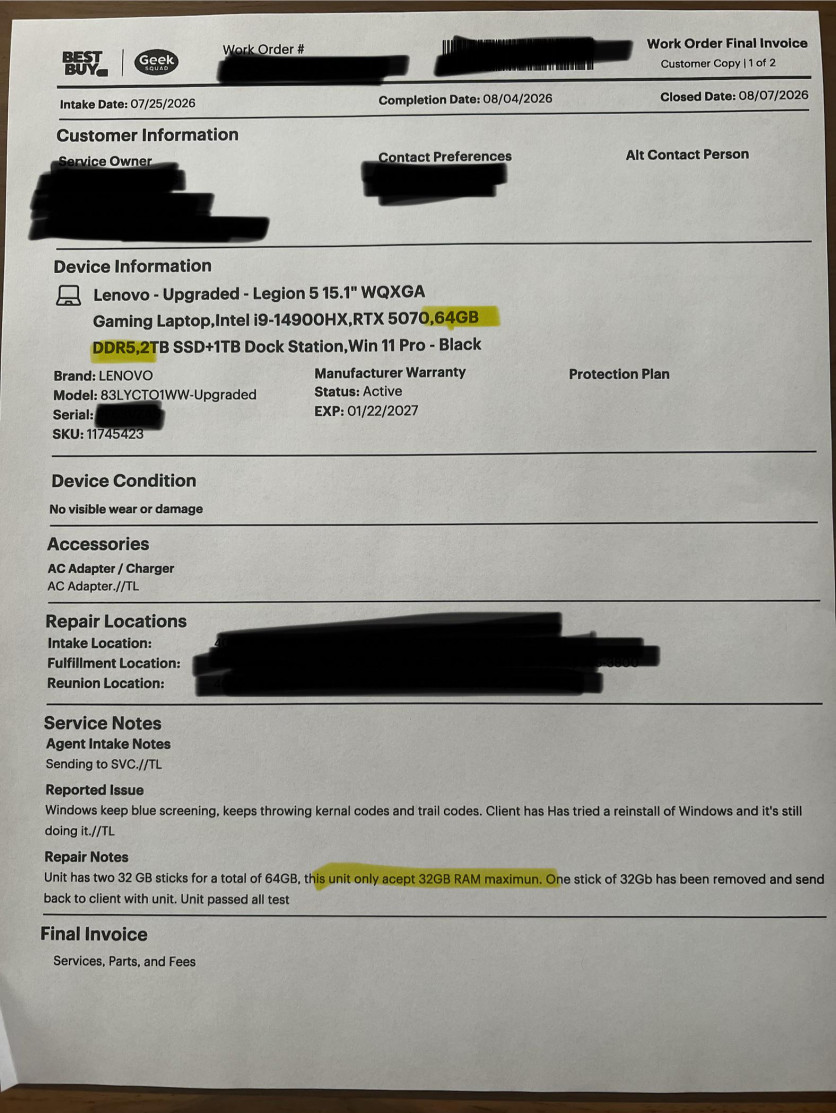 Best Buy Repairs Gaming Laptop by Removing RAM