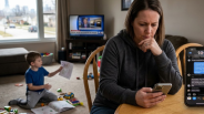 A woman looks at her phone while a child plays with toys in a living room