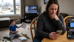 A woman looks at her phone while a child plays with toys in a living room