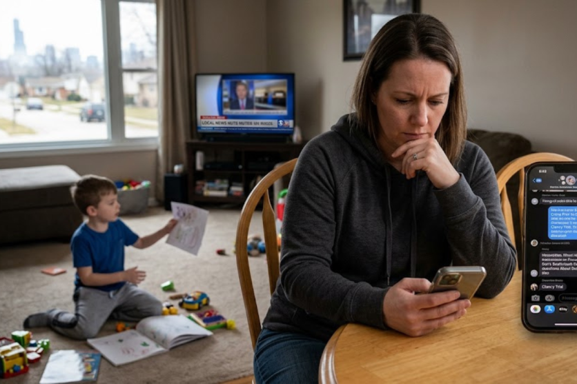 A woman looks at her phone while a child plays with toys in a living room