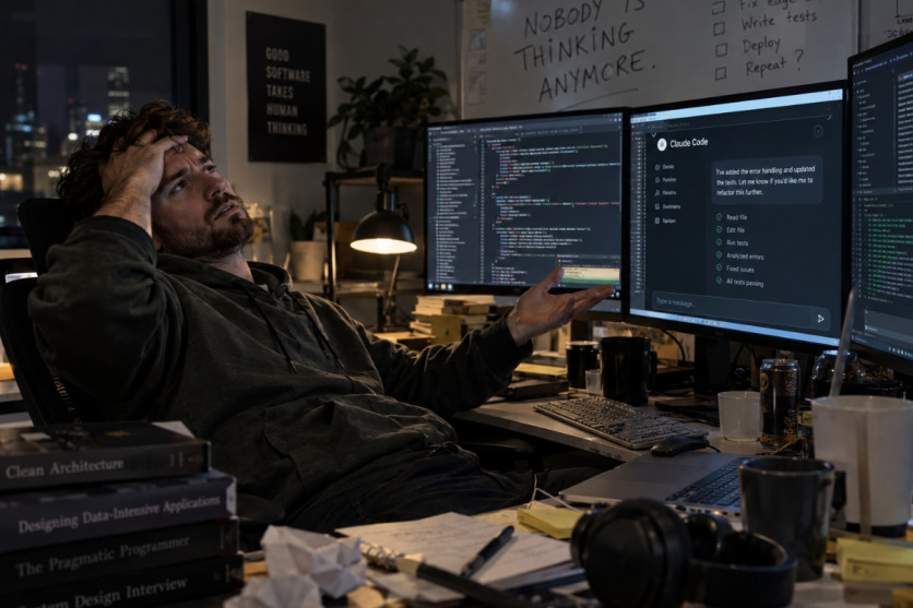 Claude Code developer reviewing AI-generated software at work
