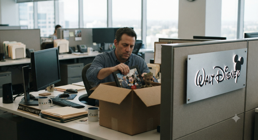 Disney Restructuring: Employee Packs Desk After Job Cuts