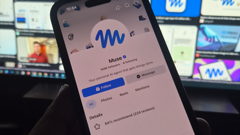 Phone displaying Meta’s Muse Facebook page