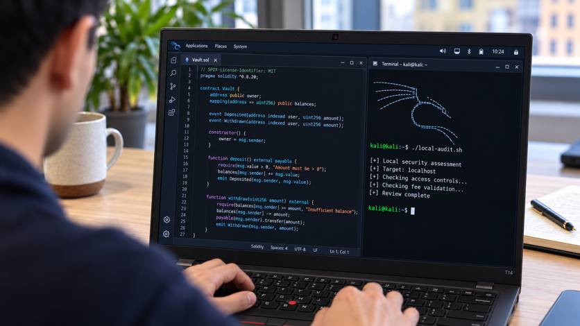 Person examines cryptocurrency smart contract security code.