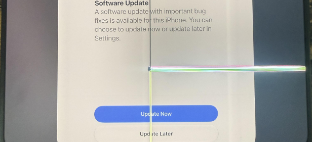 iPhone Duo screen showing bright L-shaped display damage