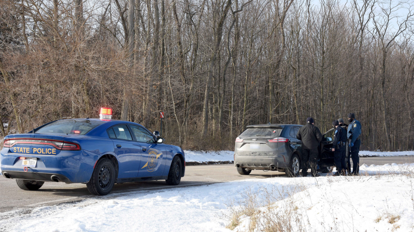 Michigan State Police recruits training traffic stop